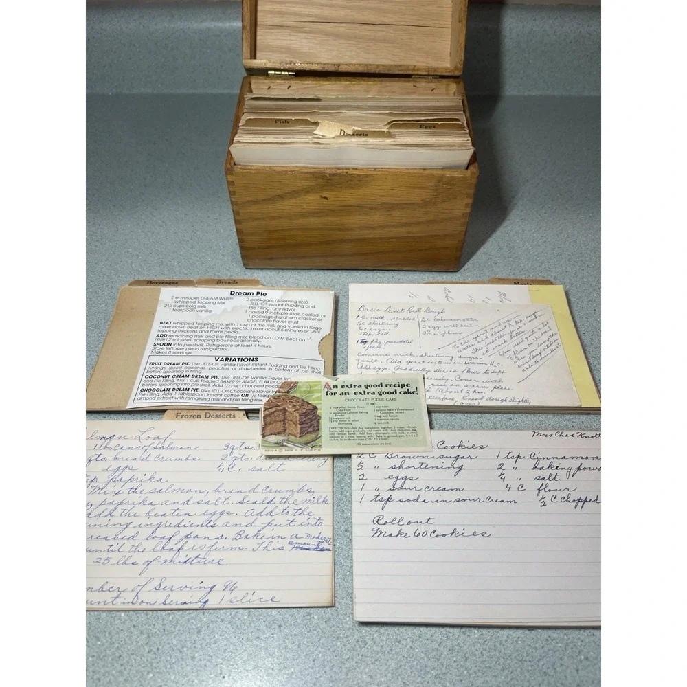 Vintage Wooden Recipe Box With Typed And Hand Written Recipe Cards Very Old
